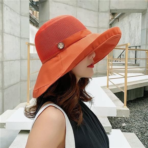 Women Cotton Wide Brim Sun Hats Metal Wired Edge Summer Hat for Beach Chin Strap - Picture 3 of 4